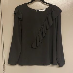 Brave Soul London Asymmetrical Ruffle Long Sleeve Black Blouse Size Medium